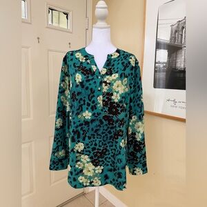 Lemon Way Teal Floral & Leopard Print Blouse Size Large